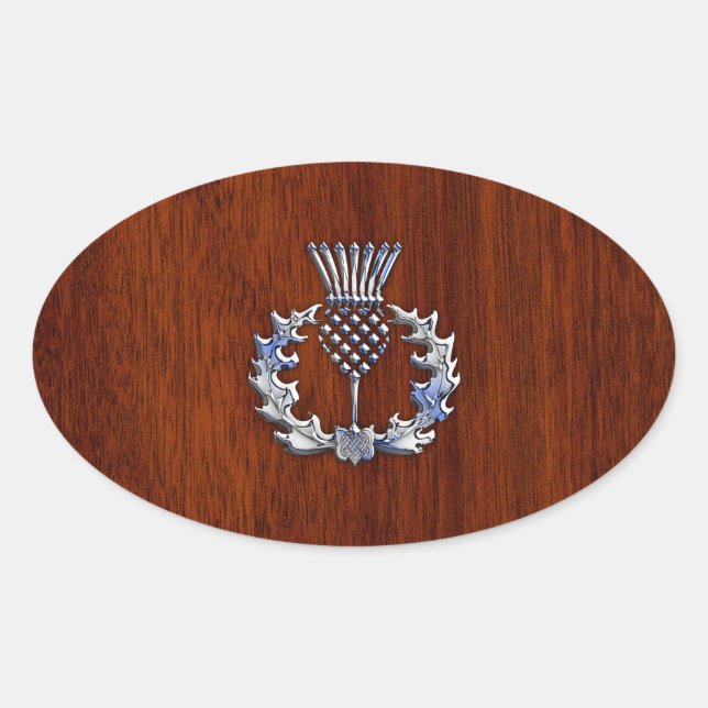 Chrome Like Mahogany Wood Grain Scottish Thistle Oval Sticker (Front)