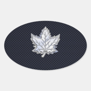 Chrome Like Maple Leaf Carbon Fibre Print Oval Sticker