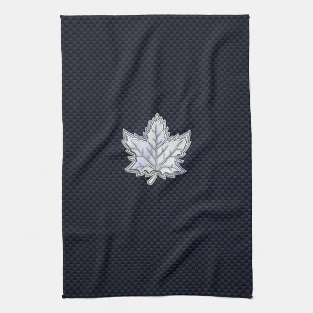 Chrome Like Maple Leaf Carbon Fibre Print Tea Towel (Vertical)