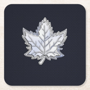 Chrome Like Maple Leaf on Carbon Fiber Print Square Paper Coaster