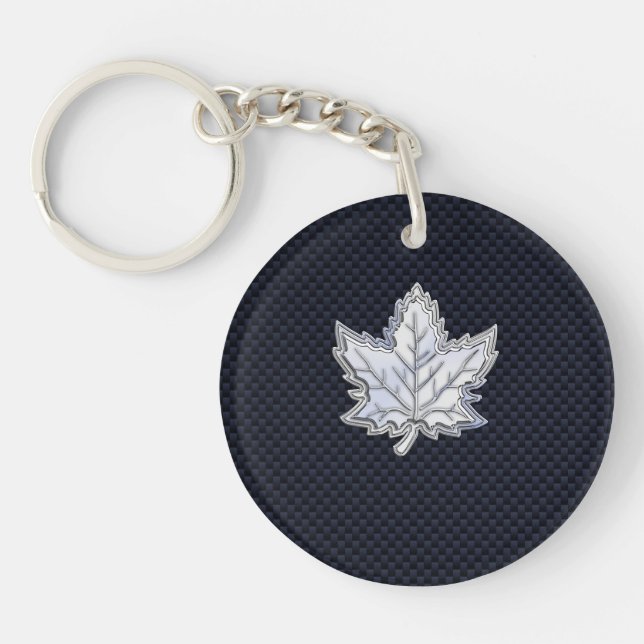 Chrome Like Maple Leaf on Carbon Fibre black Key Ring (Front)