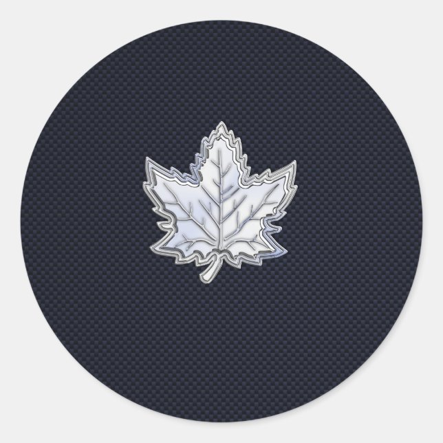 Chrome Like Maple Leaf on Carbon Fibre Print Classic Round Sticker (Front)