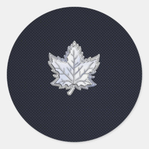 Chrome Like Maple Leaf on Carbon Fibre Print Classic Round Sticker