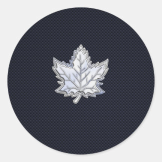 Chrome Like Maple Leaf on Carbon Fibre Print Classic Round Sticker