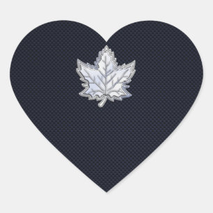 Chrome Like Maple Leaf on Carbon Fibre Print Heart Sticker