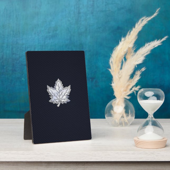 Chrome Like Maple Leaf on Carbon Fibre Print Plaque (Side)