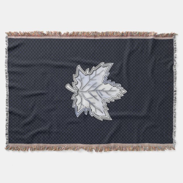 Chrome Like Maple Leaf on Carbon Fibre Print Throw Blanket (Front)