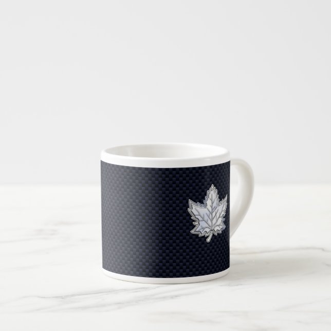 Chrome Like Maple Leaf on Carbon Fibre style Espresso Cup (Front Right)