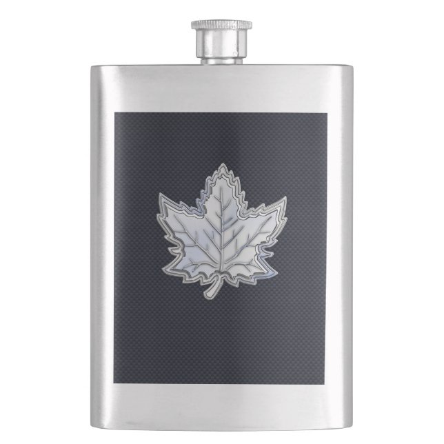 Chrome Like Maple Leaf on Carbon Fibre style Hip Flask (Front)