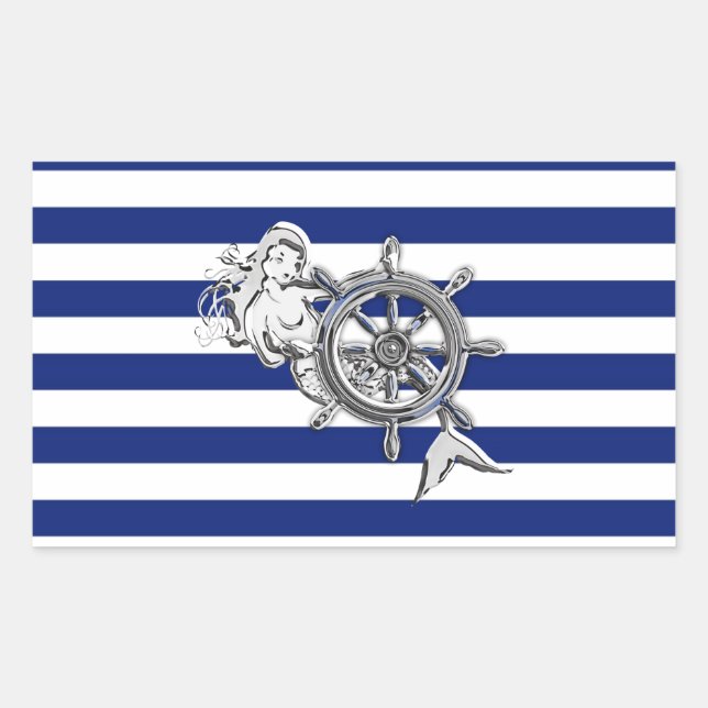 Chrome Like Mermaid on Nautical Stripes Rectangular Sticker (Front)