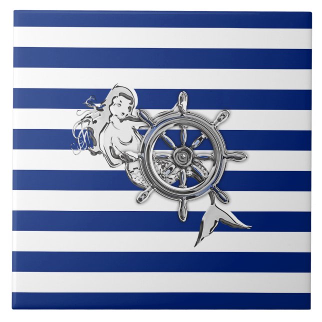 Chrome Like Mermaid on Nautical Stripes Tile (Front)