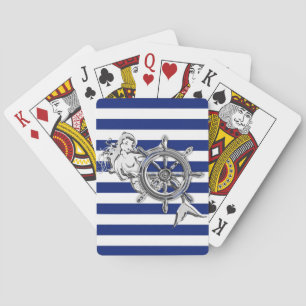 Chrome Like Mermaid on Navy Stripes Playing Cards