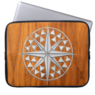 Chrome Like Nautical Compass on Teak Veneer Decor Laptop Sleeve