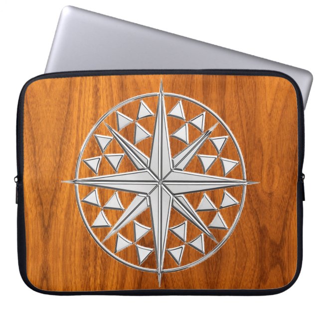 Chrome Like Nautical Compass on Teak Veneer Decor Laptop Sleeve (Front)