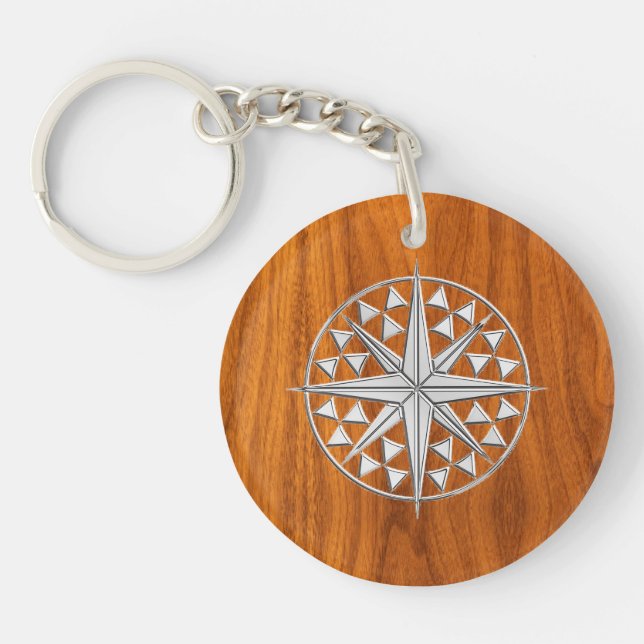 Chrome Like Nautical Compass Star on Teak Veneer Key Ring (Front)
