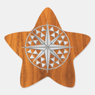 Chrome Like Nautical Compass Star on Teak Veneer Star Sticker