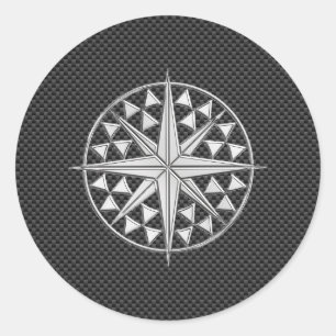 Chrome Like Nautical Star Compass on Carbon Fibre Classic Round Sticker