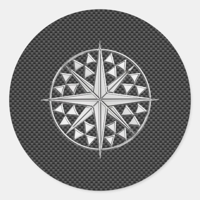 Chrome Like Nautical Star Compass on Carbon Fibre Classic Round Sticker (Front)