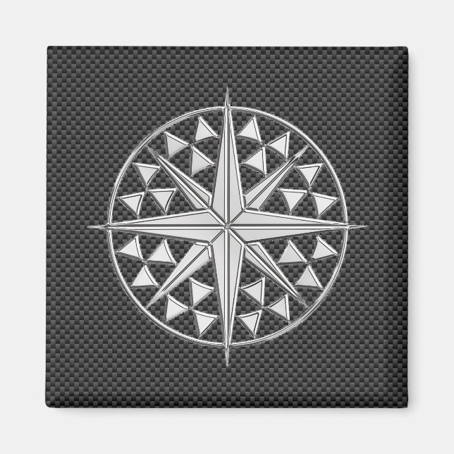 Chrome Like Nautical Star Compass on Carbon Fibre Magnet (Front)