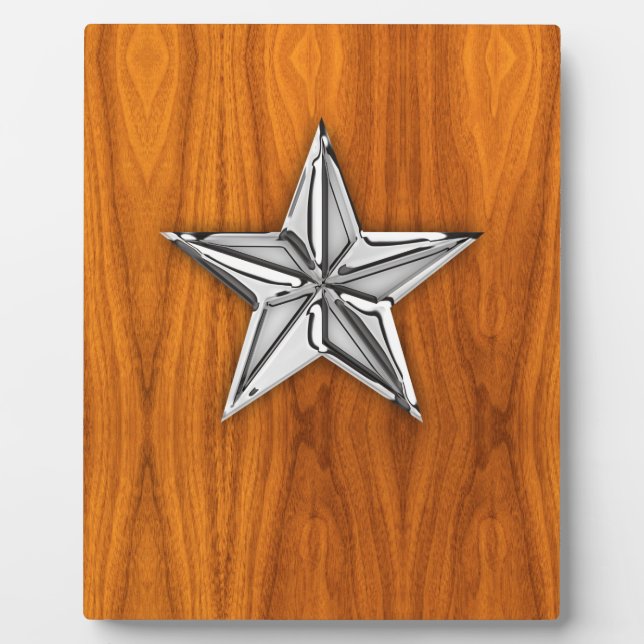 Chrome Like Nautical Star on Teak Veneer Plaque (Front)