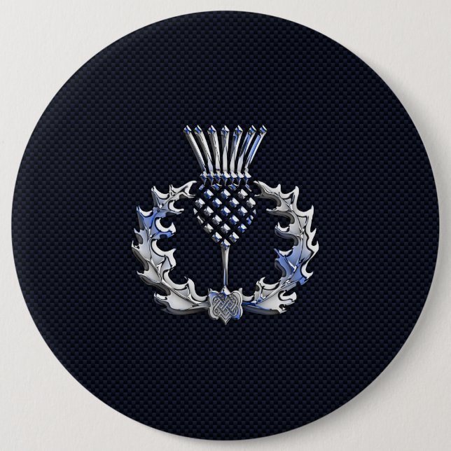 Chrome like on Carbon Fibre Print Scottish Thistle 6 Cm Round Badge (Front)