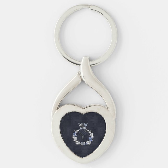 Chrome like on Carbon Fibre Print Scottish Thistle Key Ring (Front)