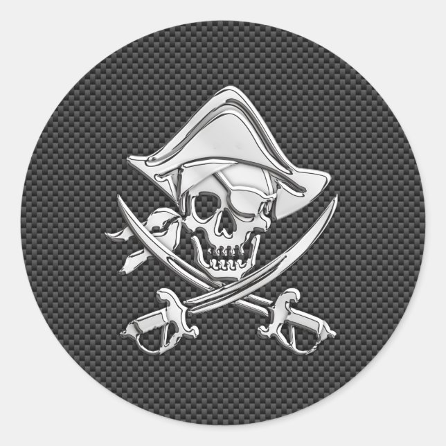 Chrome Like Pirate on Black Carbon Fibre Classic Round Sticker (Front)