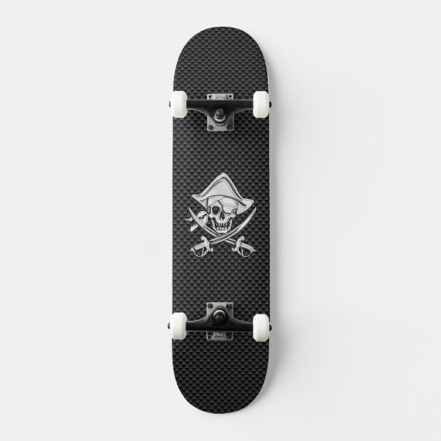 Chrome Like Pirate on Black Carbon Fibre Skateboard (Front)