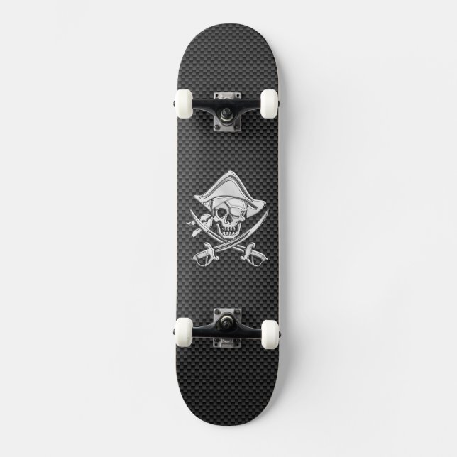 Chrome Like Pirate on Black Carbon Fibre Skateboard (Front)