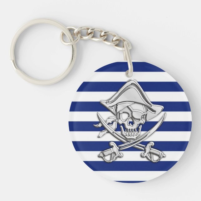 Chrome Like Pirate on Navy Stripes Key Ring (Front)