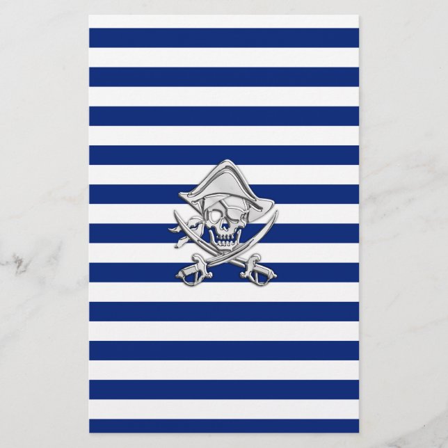 Chrome Like Pirate on Navy Stripes Stationery (Front)