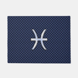 Chrome Like Pisces Sign on Blue Carbon Fibre Print Doormat