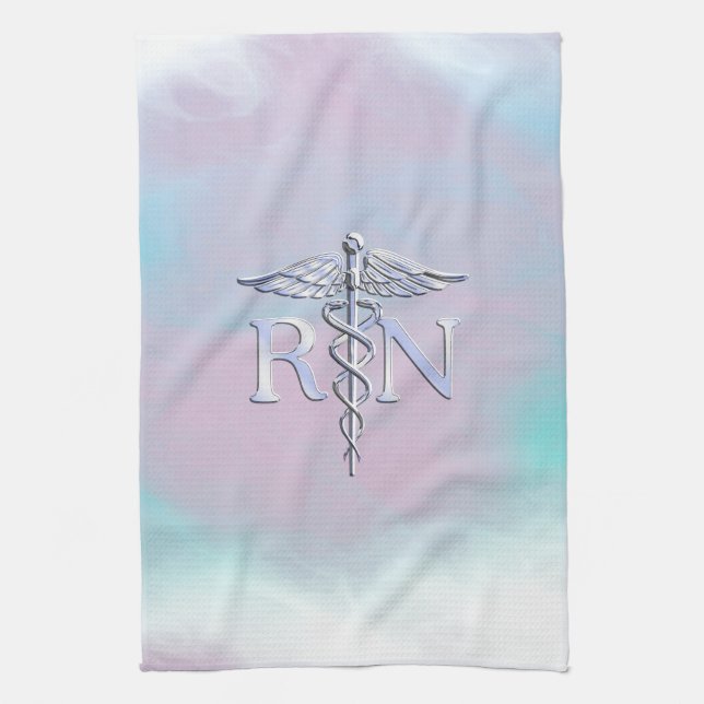 Chrome Like RN Caduceus in Mother Pearl Style Tea Towel (Vertical)