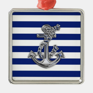 Chrome Like Rope Anchor on Nautical Stripes Metal Tree Decoration