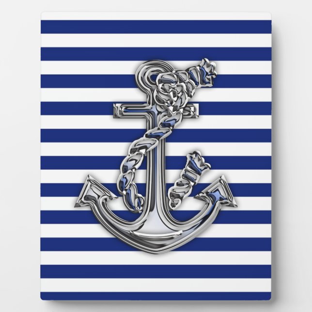 Chrome Like Rope Anchor on Nautical Stripes Plaque (Front)