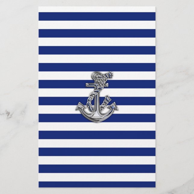Chrome Like Rope Anchor on Nautical Stripes Stationery (Front)