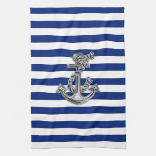 Chrome Like Rope Anchor on Nautical Stripes Tea Towel