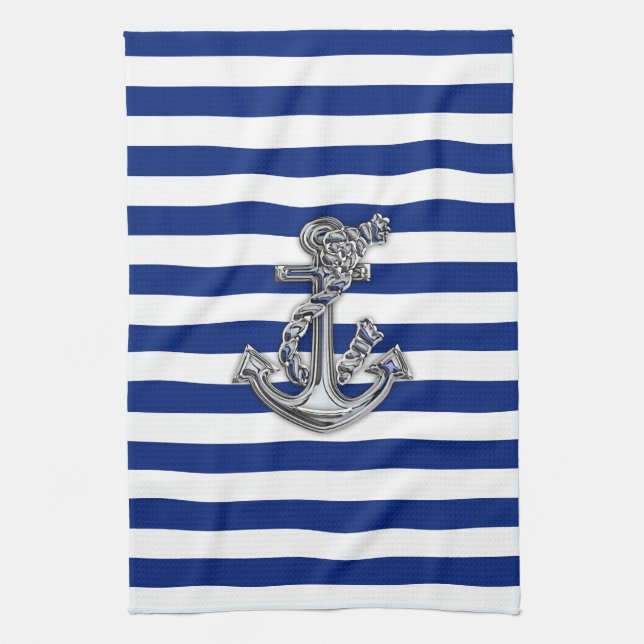 Chrome Like Rope Anchor on Nautical Stripes Tea Towel (Vertical)