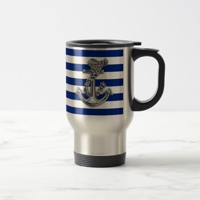 Chrome Like Rope Anchor on Nautical Stripes Travel Mug (Right)