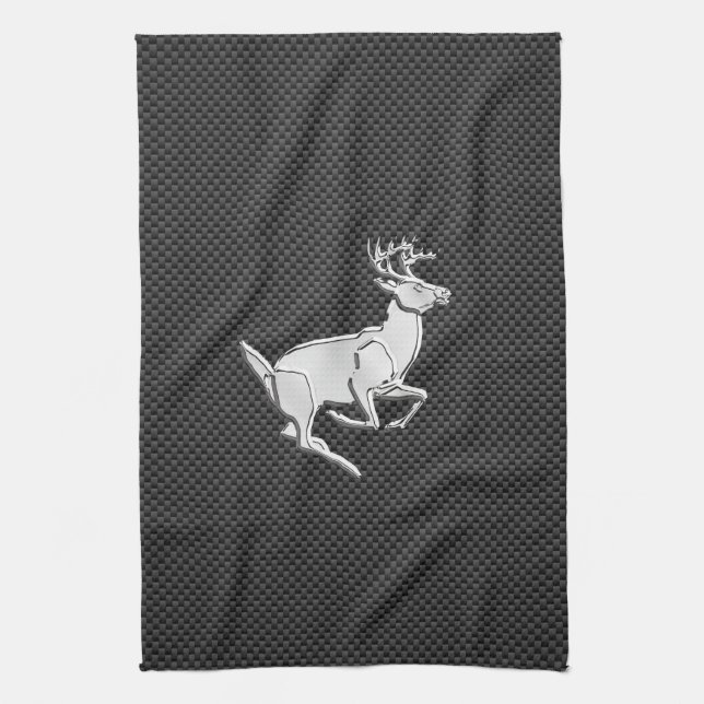 Chrome Like Running Deer on Carbon Fiber Print Tea Towel (Vertical)