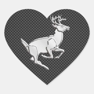 Chrome Like Running Deer on Carbon Fibre Print Heart Sticker