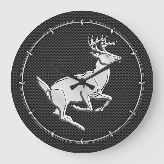 Chrome Like Running Deer on Carbon Fibre Print Large Clock (Front)