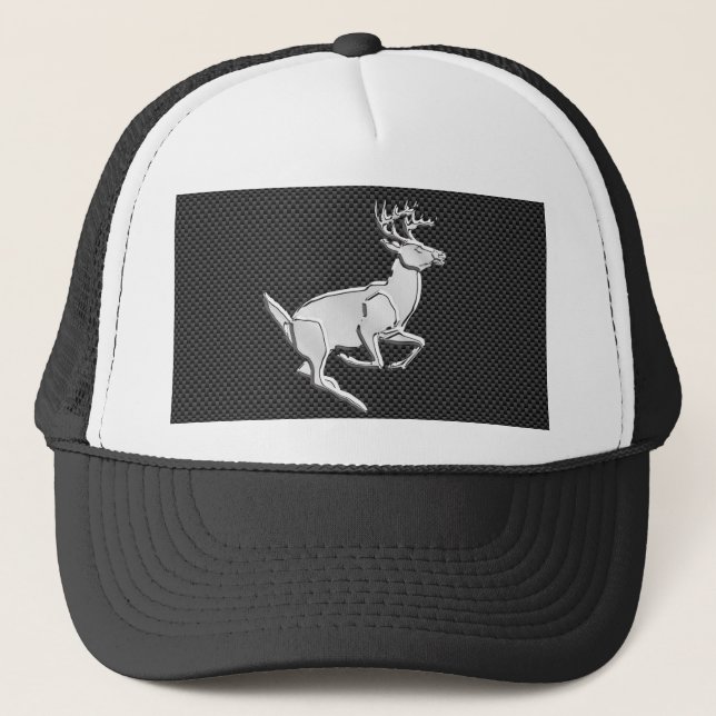 Chrome Like Running Deer on Carbon Fibre Print Trucker Hat (Front)