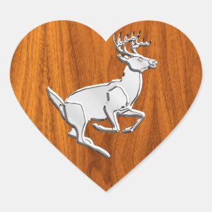 Chrome Like Running Deer on Fine Teak Print Heart Sticker