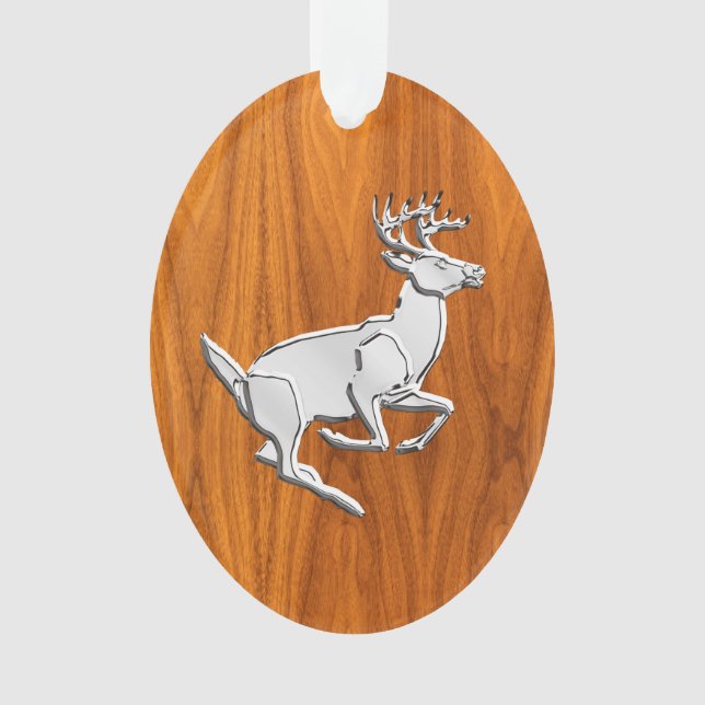 Chrome Like Running Deer on Fine Teak Print Ornament (Front)