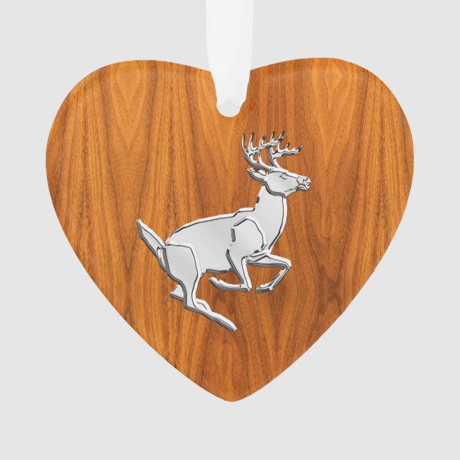 Chrome Like Running Deer on Fine Teak Print Ornament (Front)