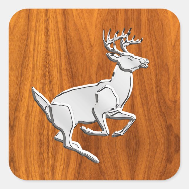 Chrome Like Running Deer on Fine Teak Print Square Sticker (Front)