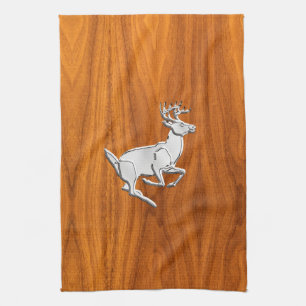 Chrome Like Running Deer on Fine Teak Print Tea Towel