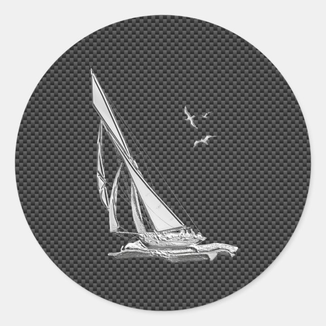 Chrome Like Sailboat on Carbon Fiber Classic Round Sticker (Front)
