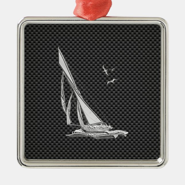 Chrome Like Sailboat on Carbon Fibre Metal Tree Decoration (Front)